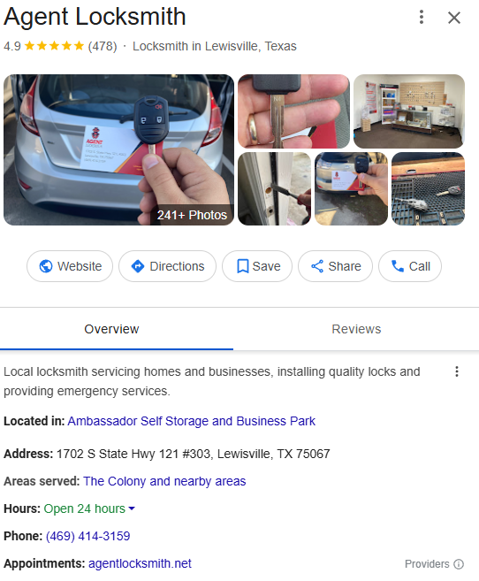 Agent Locksmith Google profile after: 478 reviews