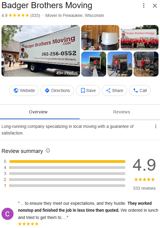 Badger Brothers Moving Google profile after: 533 reviews