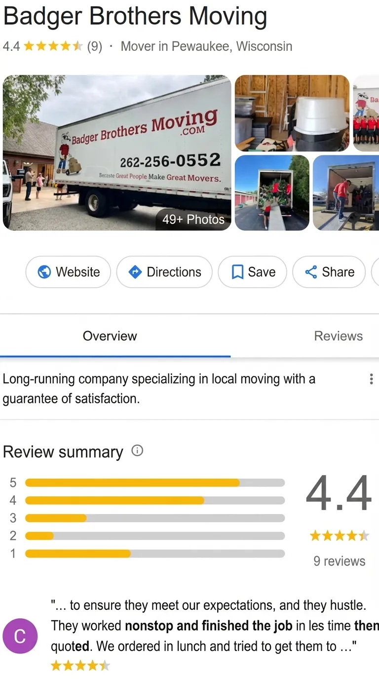 Badger Brothers Moving Google profile before: 9 reviews