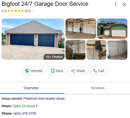 Bigfoot 24/7 Garage Door Service Google profile after: 53 reviews