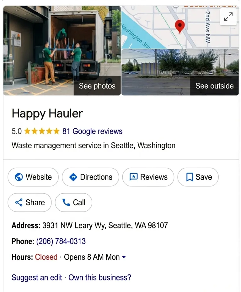 Happy Hauler Google profile before: 81 reviews