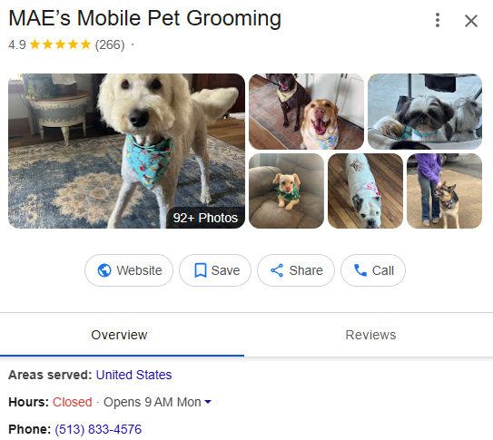 MAE's Mobile Pet Grooming Google profile after: 266 reviews