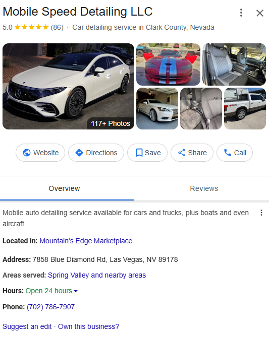 Mobile Speed Detailing LLC Google profile after: 86 reviews
