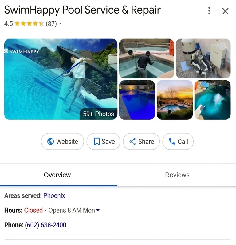 SwimHappy Pool Service & Repair Google profile before: 87 reviews