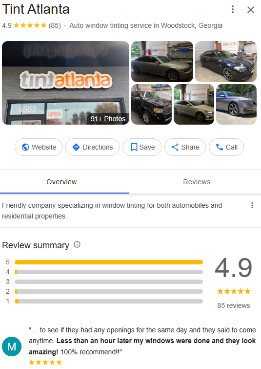 Tint Atlanta Google profile after: 85 reviews