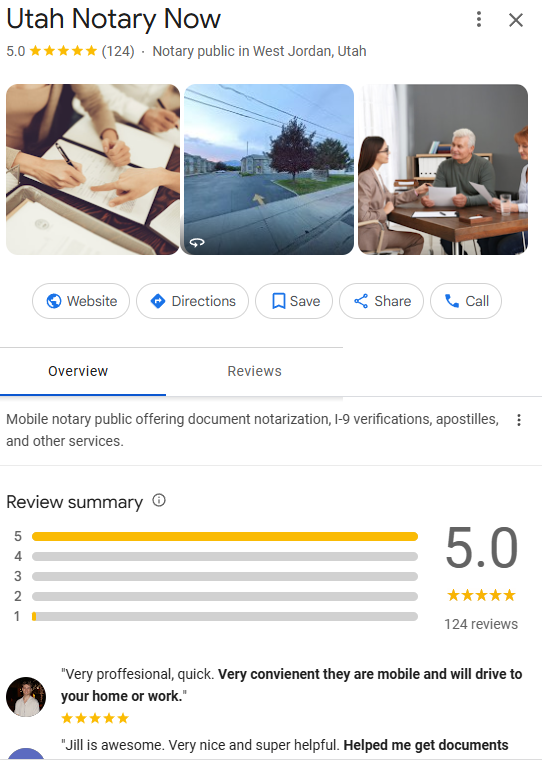 Utah Notary Now Google profile after: 124 reviews
