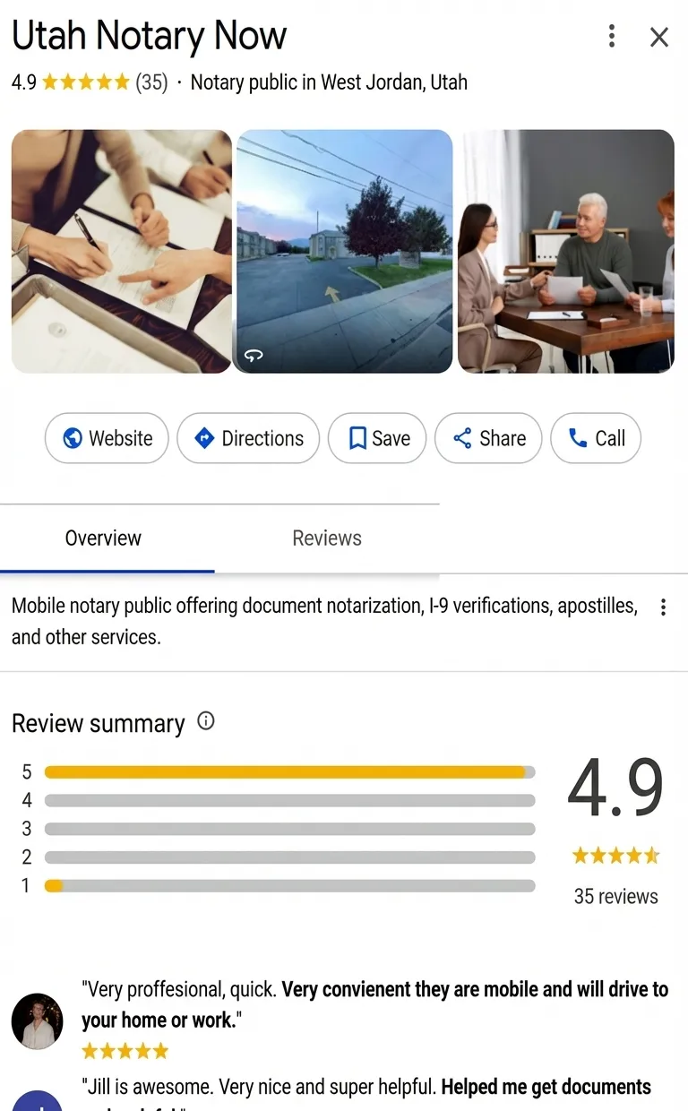 Utah Notary Now Google profile before: 35 reviews
