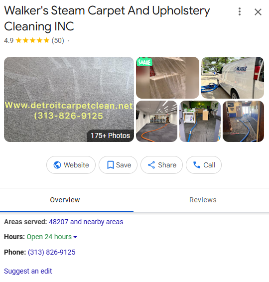 Walker's Steam Carpet and Upholstery Cleaning Google profile after: 50 reviews