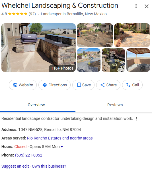 Whelchel Landscaping & Construction Google profile after: 92 reviews